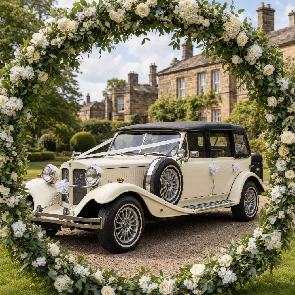 Eva-Mia, ivory 1930s-style Beauford Tourer framed by a floral wedding arch